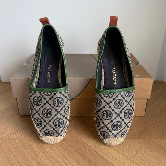 Tory Burch T Monogram Navy Blue/Green Espadrilles Women Flats - W 7.5 - Picture 5 of 13